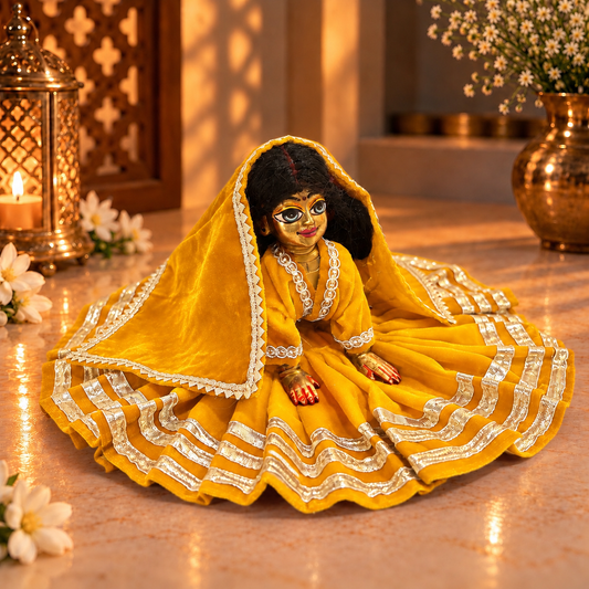 Jogan Meera Yellow Daily Wear Gotta Velvet Poshak With Blouse for Radha Rani