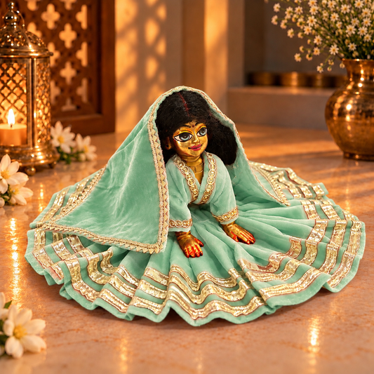 Jogan Meera Mint Grean Daily Wear Gotta Velvet Poshak With Blouse for Radha Rani
