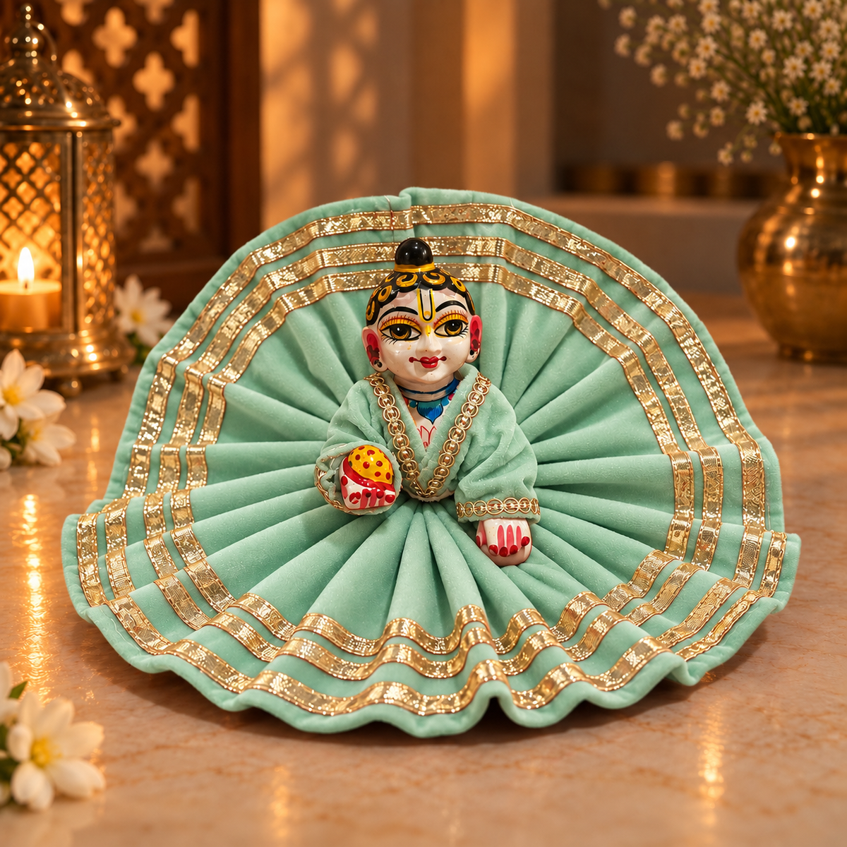 Jogan Meera Mint Grean Daily Wear Gotta Velvet Poshak With Blouse for Laddu Gopal
