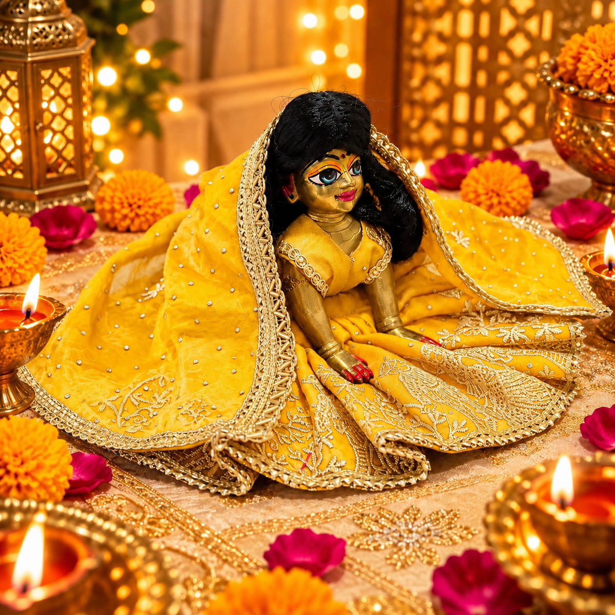 Jogan Meera Yellow Heavy Diwali Raja Rani Poshak for Radha Rani Ji