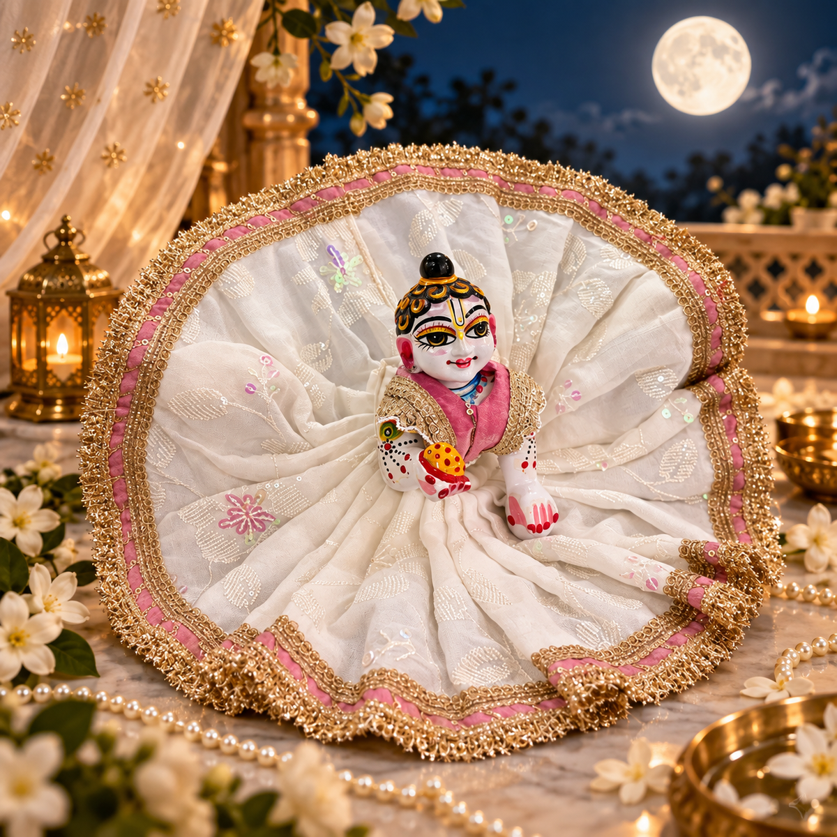Jogan Meera Pink White Embroidery Poshak for Sharad Purnima for Laddu Gopal