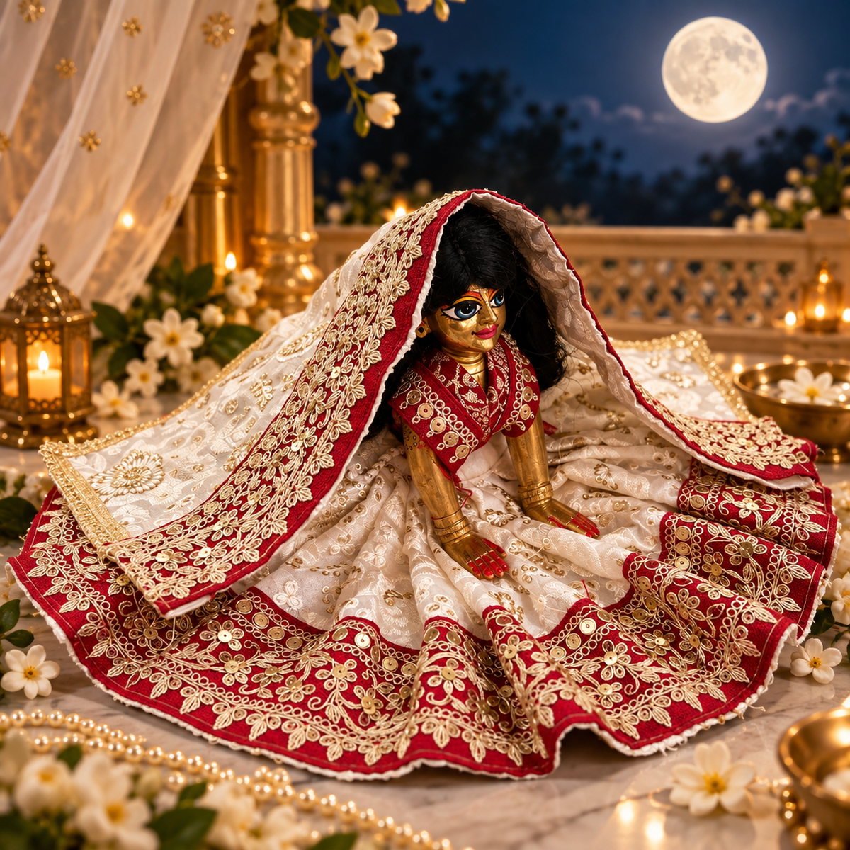 Jogan Meera Red White Heavy Poshak for Sharad Purnima for Radha Rani