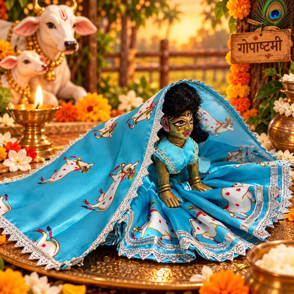 Jogan Meera Gopashtami Special Light-blue Cow Poshak for Radha Rani Ji