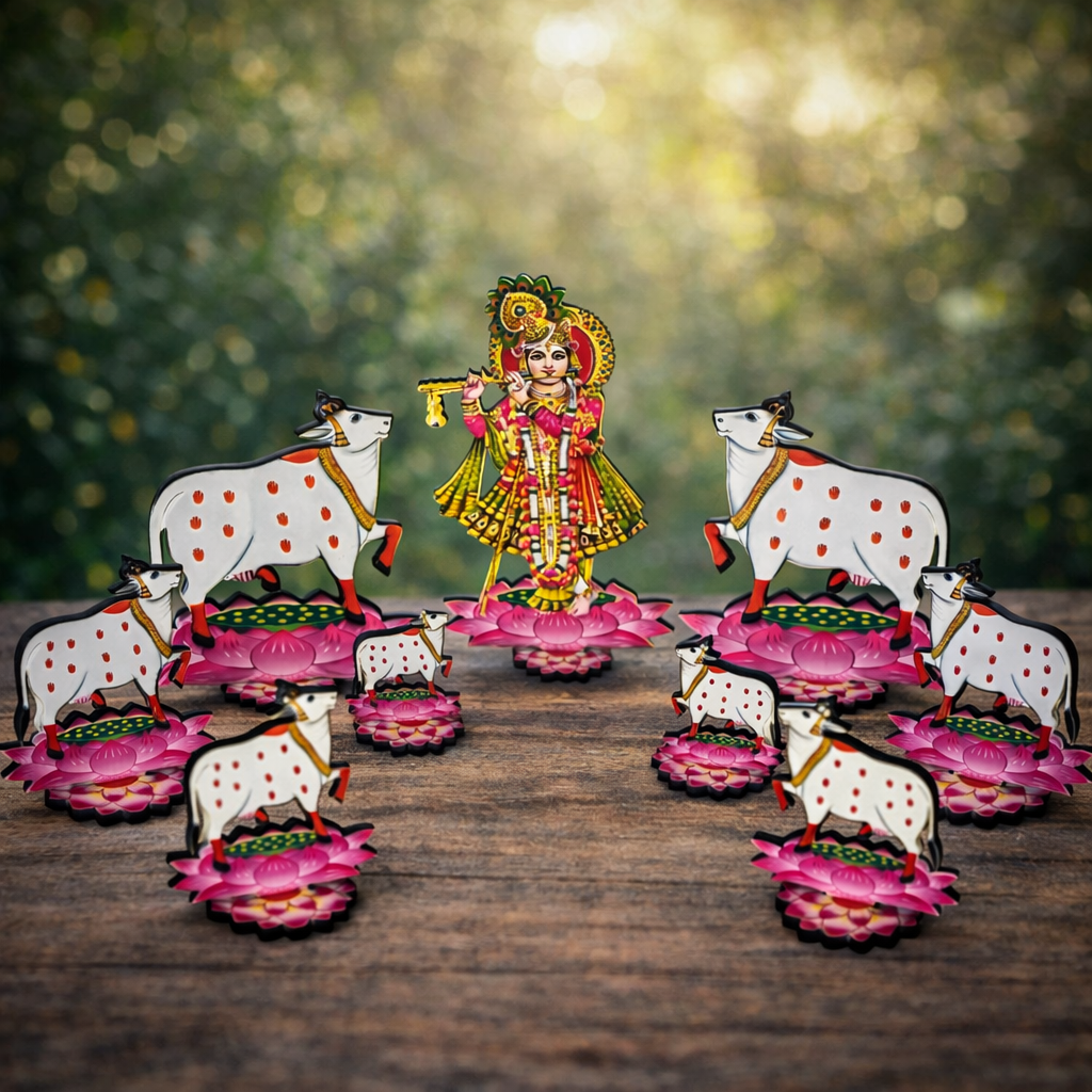 Jogan Meera Krishna with 10 Cows MDF Jhanki Stand Set