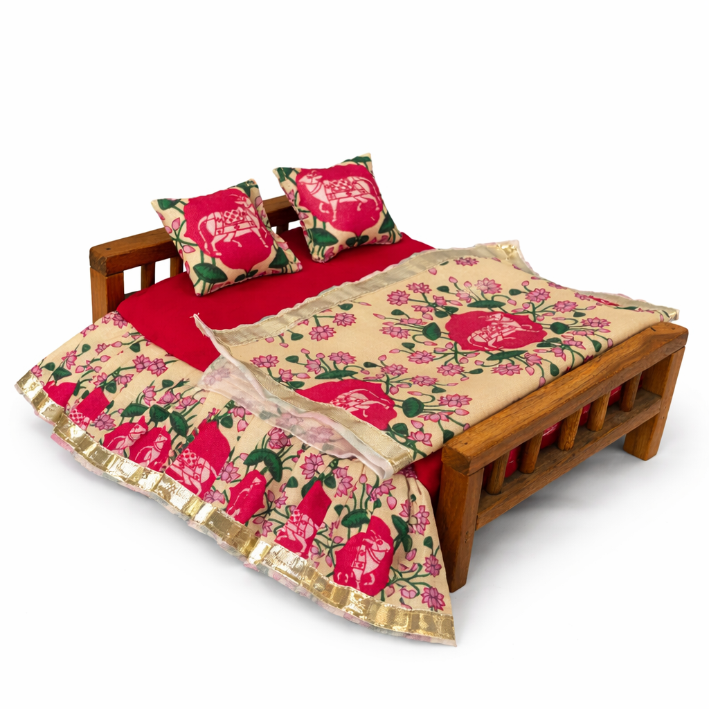 Jogan Meera Sagwan Wood Bed with Gadda Set Laddu Gopal Seva Combo