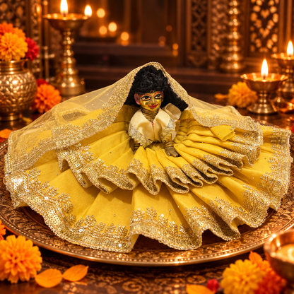 Jogan Meera Double Frill Golden Heavy Diwali Net Poshak for Radha Rani