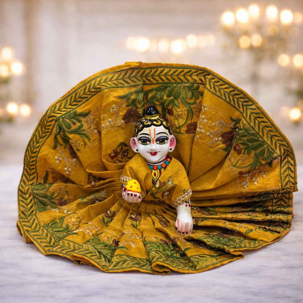 Jogan Meera Yellow Heavy Manipuri Embroidery Poshak for Laddu Gopal