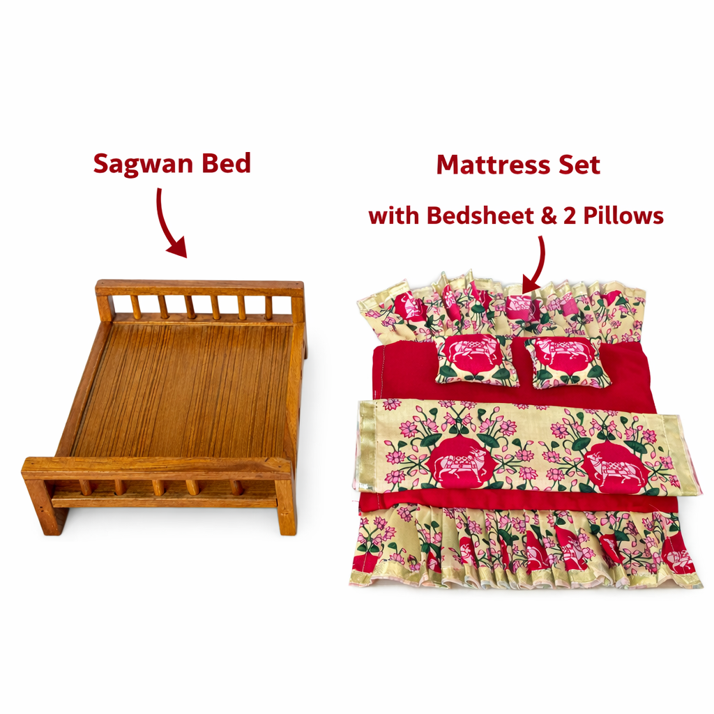 Jogan Meera Sagwan Wood Bed with Gadda Set Laddu Gopal Seva Combo