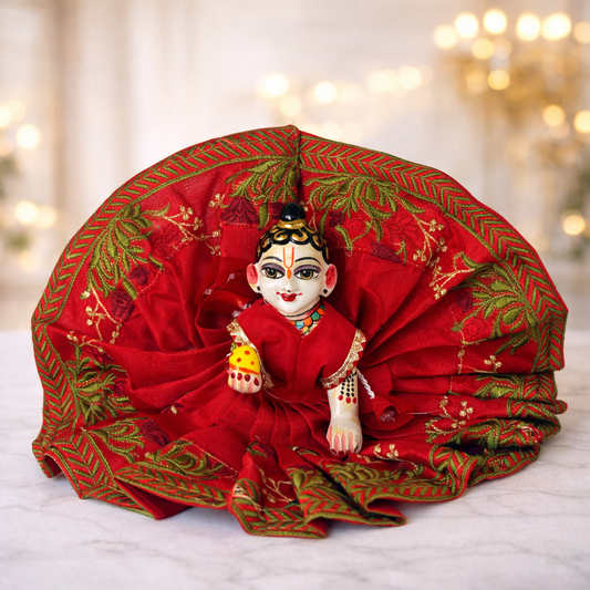 Jogan Meera Red Heavy Manipuri Embroidery Poshak for Laddu Gopal