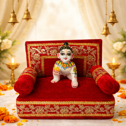 Jogan Meera Red Velvet Singhasan with 2 Mudde – Royal Seva Collection