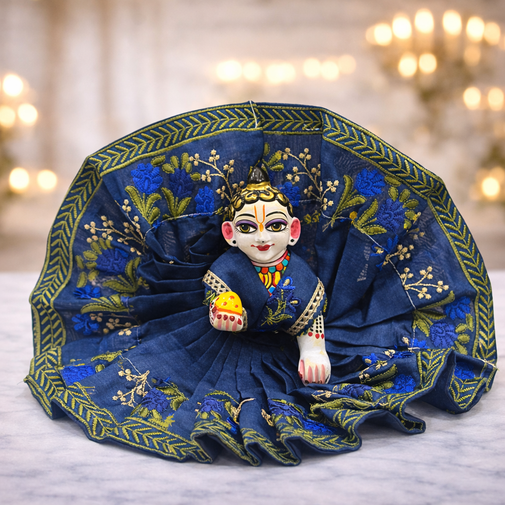 Jogan Meera Dark Blue Heavy Manipuri Embroidery Poshak for Laddu Gopal
