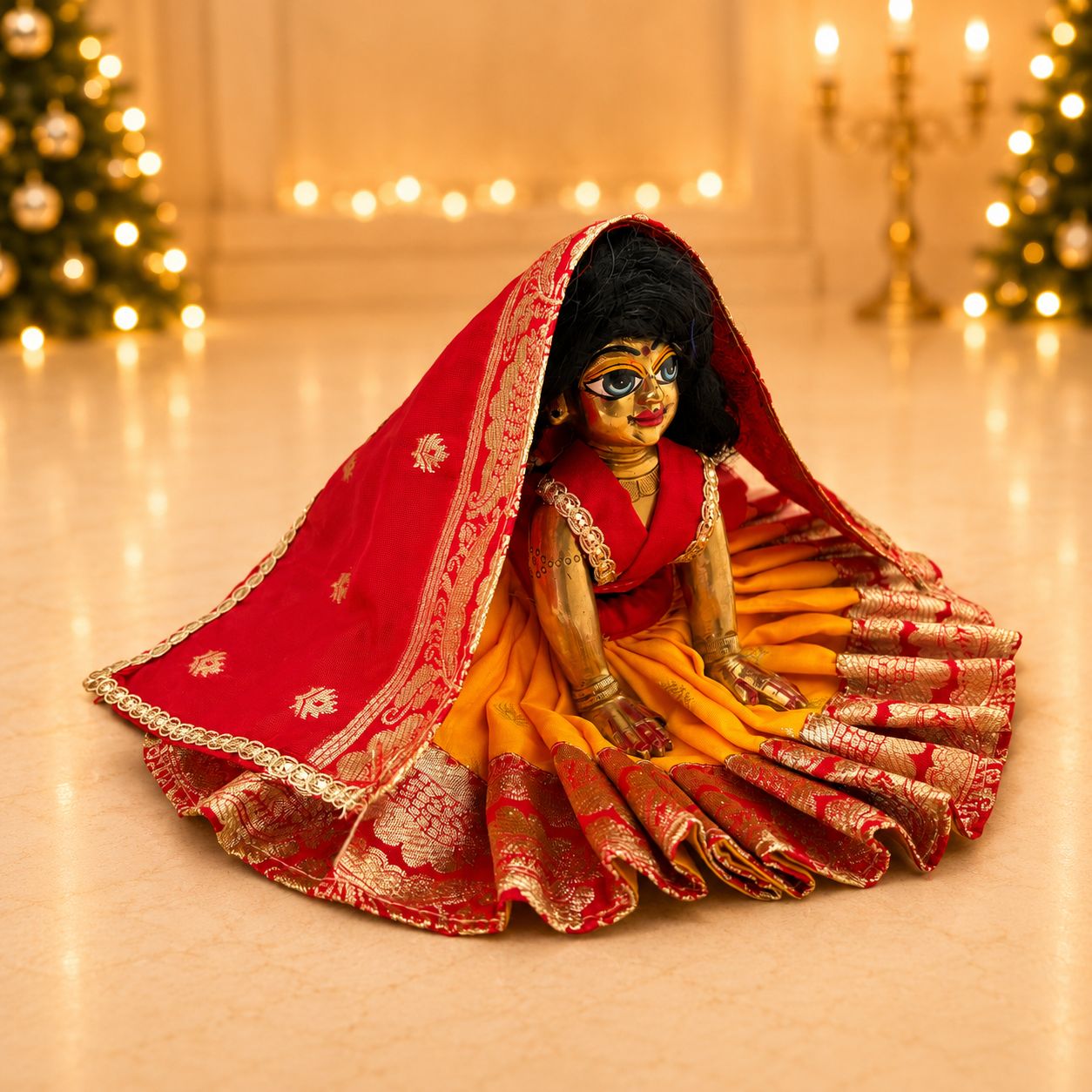 Jogan Meera Banarasi Yellow-Red Double Design Poshak for Radha ju