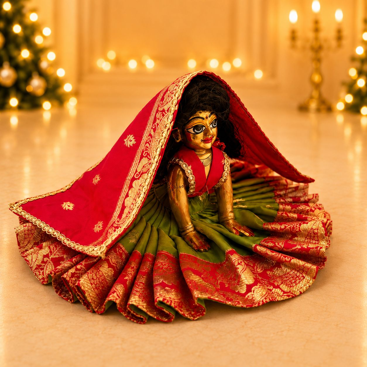 Jogan Meera Banarasi Green Pink Double Design Poshak for Radha ju