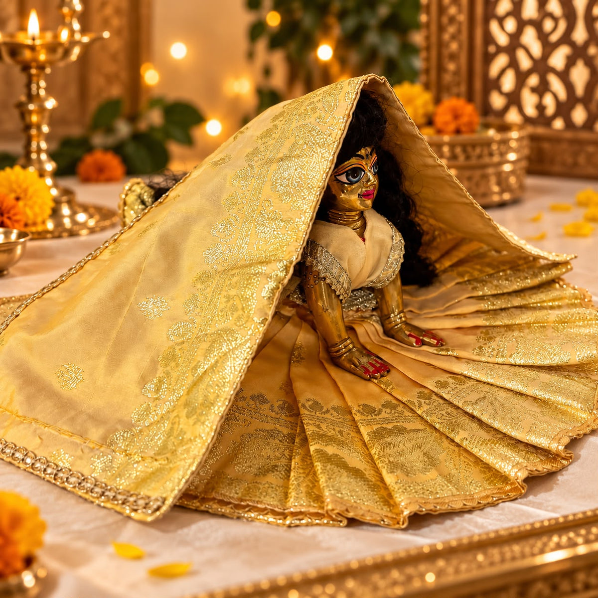 Jogan Meera Golden Heavy Diwali Banarasi Poshak for Radha Rani