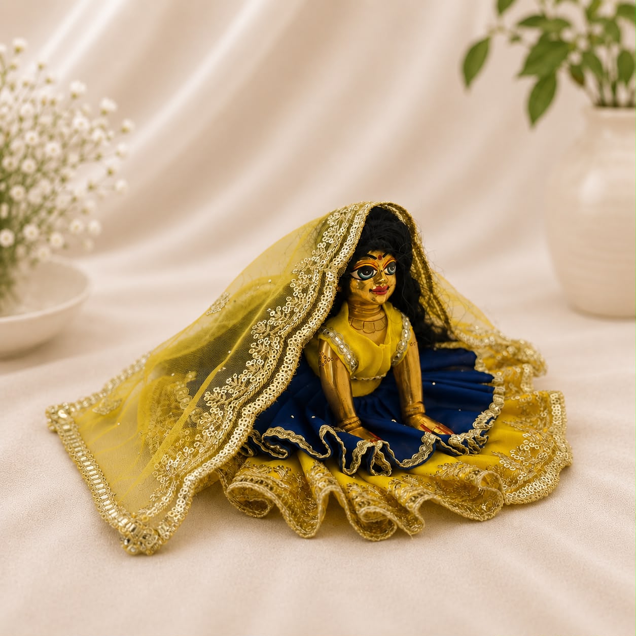 Jogan Meera Double Net Blue Yellow Poshak for Radha Ju