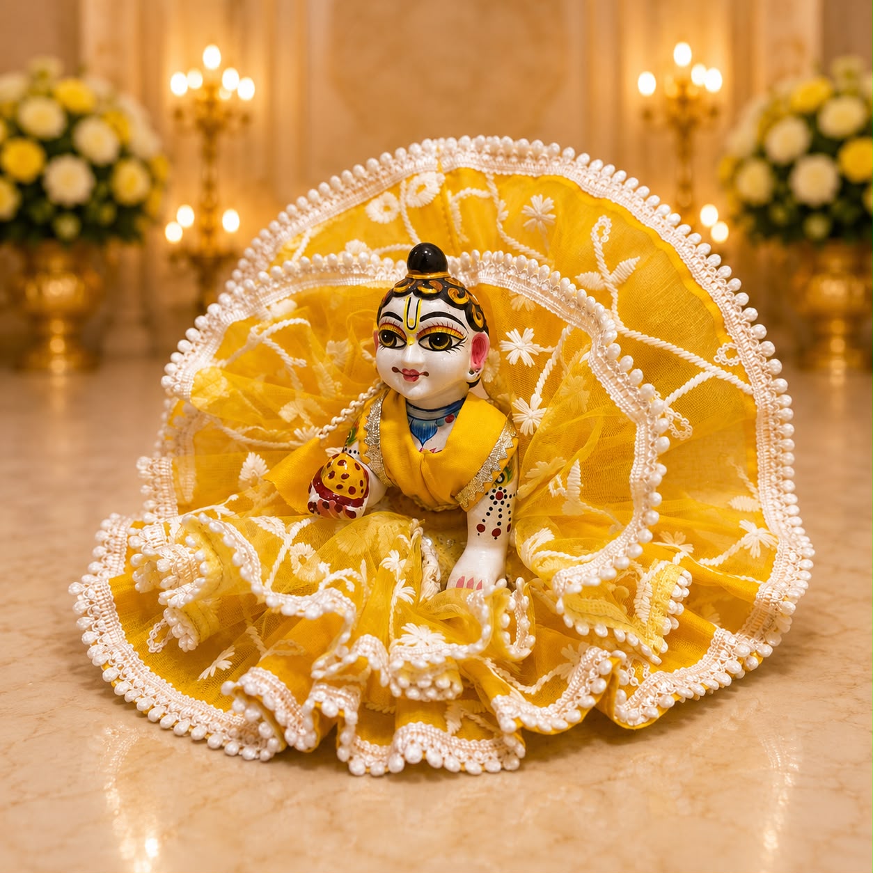 Jogan Meera Yellow Double Frill Net Poshak for Laddu Gopal Ji