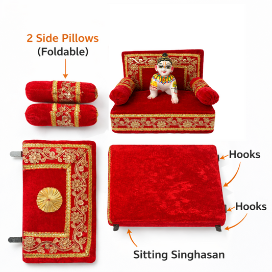 Jogan Meera Red Velvet Singhasan with 2 Mudde – Royal Seva Collection